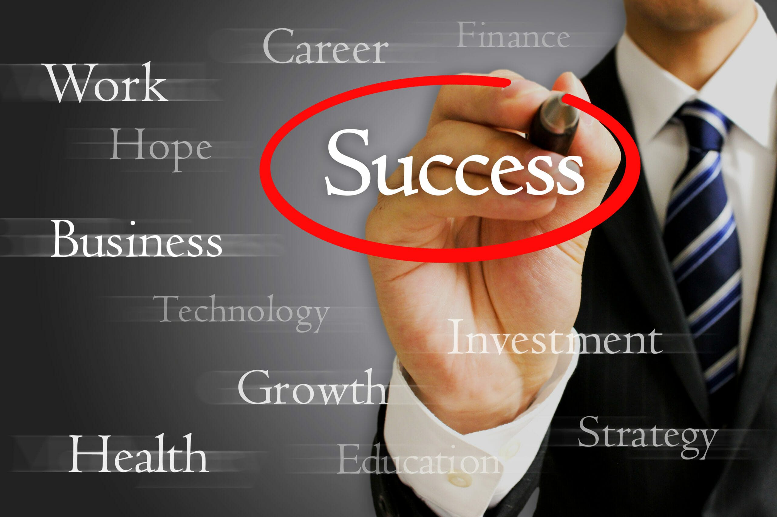 「Success」の文字を囲むビジネスマンの画像